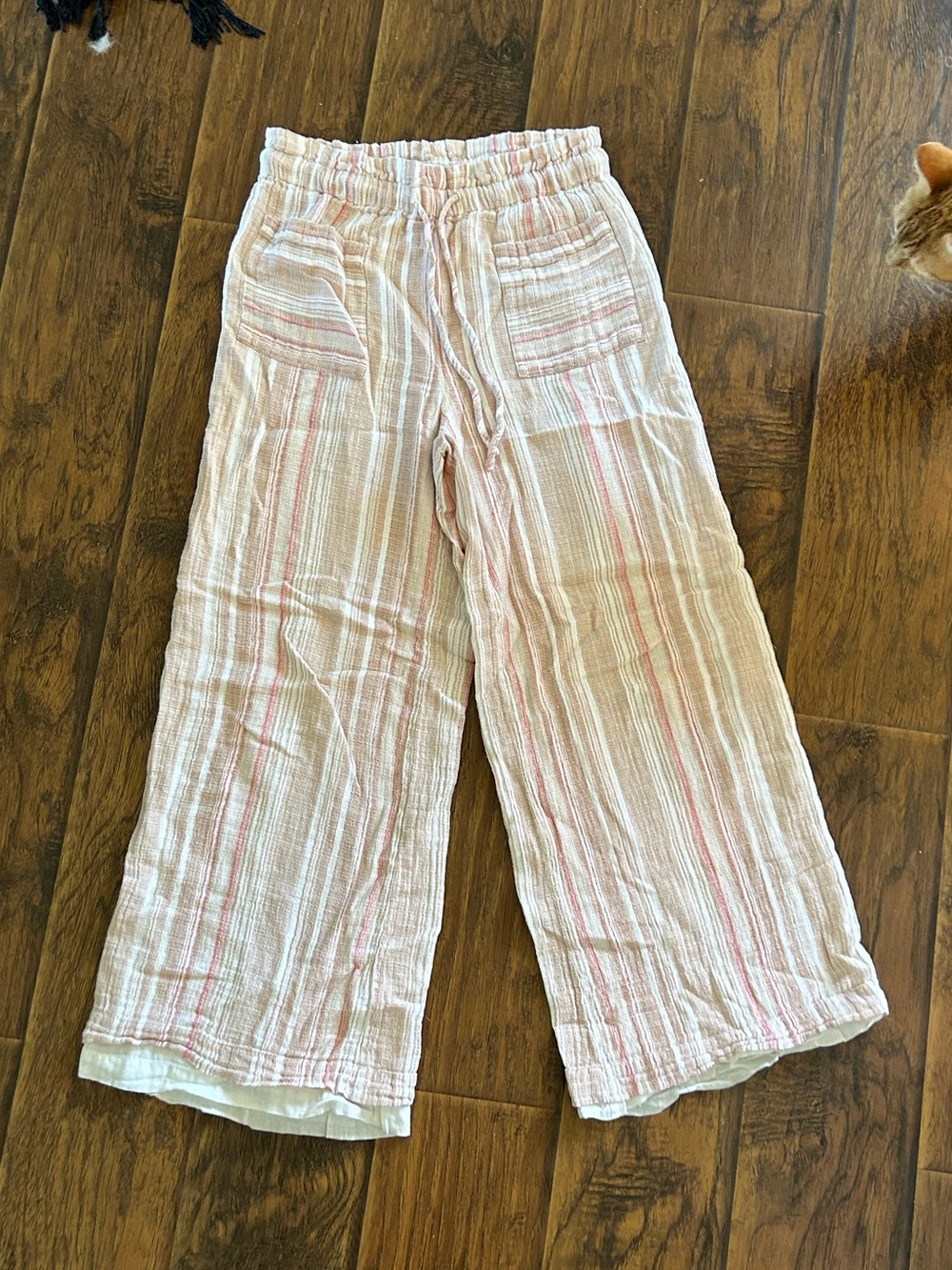 Wide-Leg 100% Cotton Gauze Pants in Pink and White Stripes